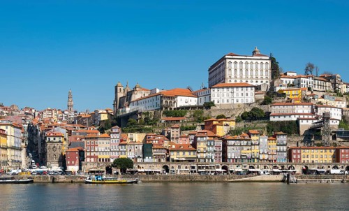 Historic old town Ribeira with church tower of the church Igreja dos Clerigos and Da Se Cathedral