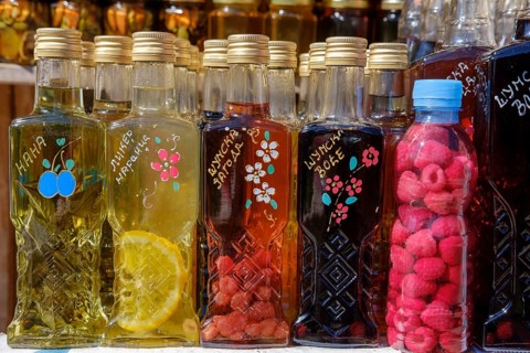 Sales stand with various fruit brandies