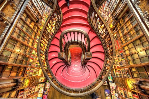 Curved wooden staircase in library