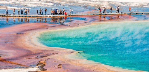 Tourists on a jetty in the thermal area