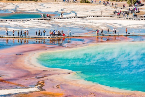 Tourists on a jetty in the thermal area