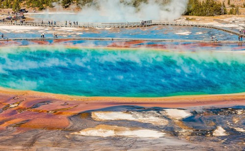 Tourists on a jetty in the thermal area