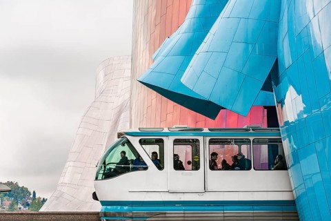Monorail train runs through the Museum of Pop Culture