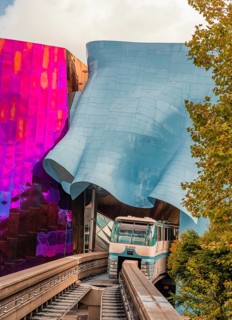 Monorail train runs through the Museum of Pop Culture