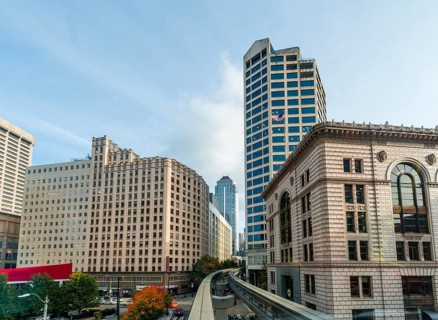 View from the Monorail Railway to skyscrapers and downtown