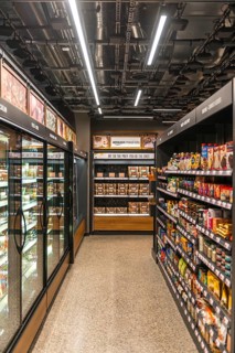 Food shelves in cashless supermarket