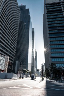 Traffic street in the city center with skyscrapers