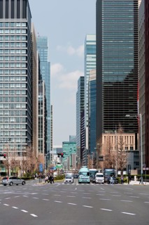 Road traffic between skyscrapers in downtown