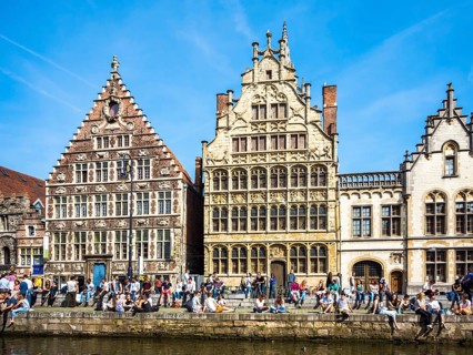 Leie River and promenade on the Graslei with old guild houses
