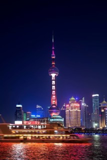 View from the Bund to the skyline at the Huangpu River with Oriental Pearl Tower