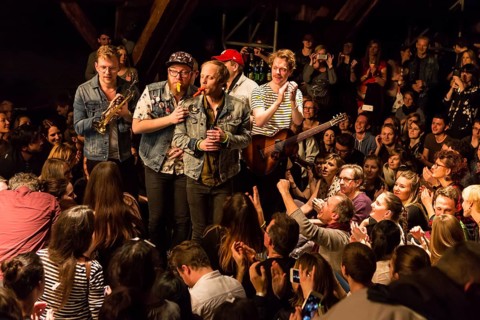 The Swedish indie pop band I'm from Barcelona with singer and frontman Emanuel Lundgren live in the Schuur Lucerne