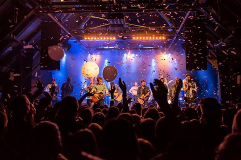 The Swedish indie pop band I'm from Barcelona with singer and frontman Emanuel Lundgren live in the Schuur Lucerne