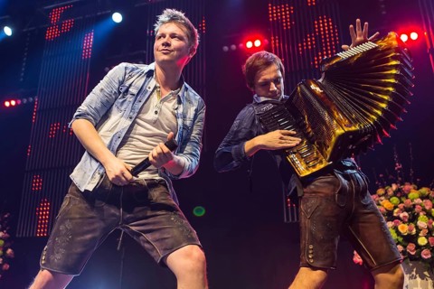 The German music group Dorfrocker with Tobias Thomann singing and Markus Thomann on accordion live at the 16th Schlager Nacht in Luzern