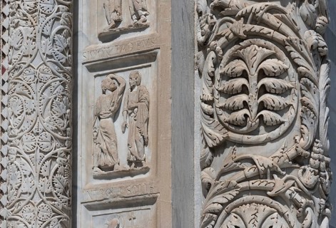 Marble columns at the main portal with floral motifs and scenes from the life of John the Baptist