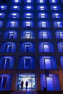 Illuminated city library at night
