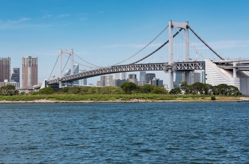 Rainbow Bridge and surrounding Tokyo Bay as seen from Odaiba