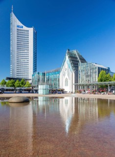 City high-rise and university with Paulinum on Augustusplatz