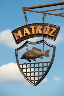 Traditional Hungarian fish restaurant sign