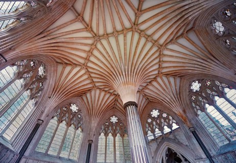 Vaulted ceiling of the Chapter House of the medieval Wells Cathedral