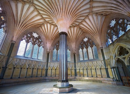 Vaulted ceiling of the Chapter House of the medieval Wells Cathedral