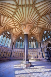 Vaulted ceiling of the Chapter House of the medieval Wells Cathedral