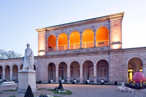 Lighted Arcade building at dusk