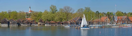 Boat harbour of Diessen am Lake Ammer with Marienmunster