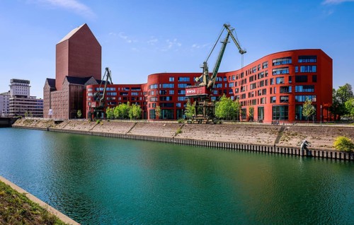 Duisburg inner harbour with the wave-shaped new building of the North Rhine-Westphalia State Archive
