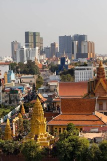Panoramic view with Wat Ounalom and skyline from Koh Pich
