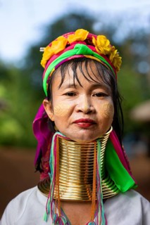 Padaung long-necked woman with brass neck rings