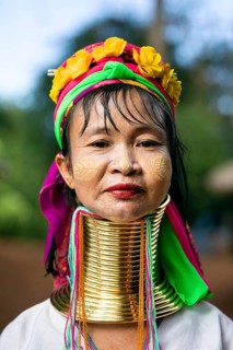 Padaung long-necked woman with brass neck rings