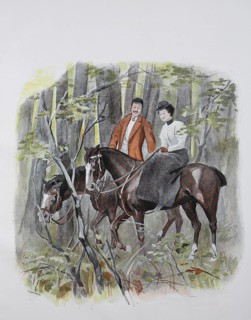 Couple rides on horses in the forest