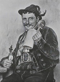 Bavarian man wearing traditional dress and holding a beer mug and a pipe