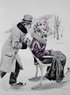 Man with skates slides his wife on a chair sled across the ice