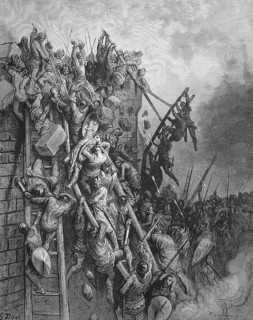 The Crusaders attack with scaling ladders to the walls of Wieselburg and are repulsed with heavy losses