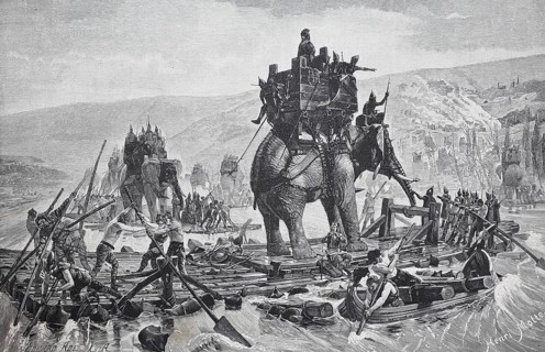 Hannibal crosses the river Rhone with his elephants