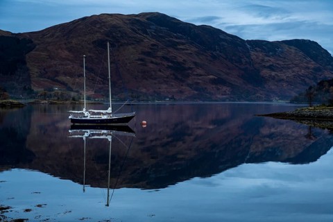 Sailboat with Loch Linnhe at blue hour