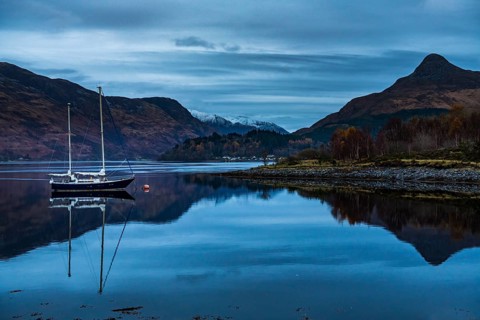 Sailboat with Loch Linnhe at blue hour