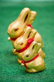 Decoration with three golden chocolate bunnies for easter