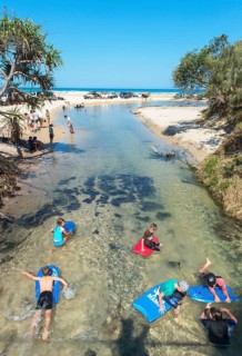 Children surfing on a board in river Eli Creek