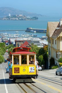 Cable car and Alcatraz Island