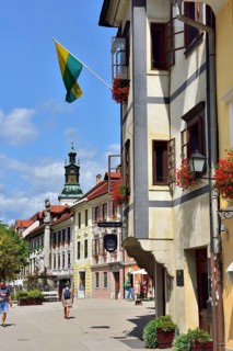 House facades Market square Mestni Trg with tower St. James' Church