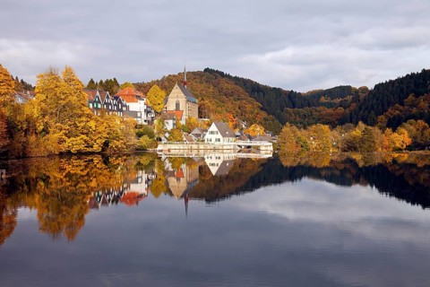 lake Beyenburger and historical center of Beyenburg with the St. Mary Magdalene Church in Wuppertal