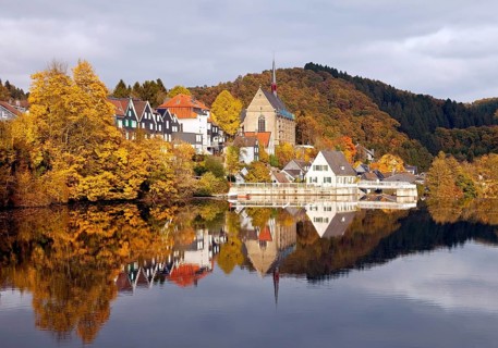 lake Beyenburger and historical center of Beyenburg with the St. Mary Magdalene Church in Wuppertal