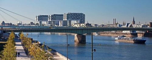 The Rhine with Rhine boulevard and crane houses