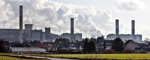 Housing estate in front of the lignite-fired power plant Frimmersdorf