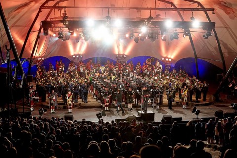 Crowd in front of the lighted stage