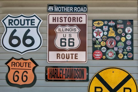 Signs Route 66 at historic gas station Shea's Gas Station