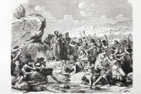 Moses beats at the rocks in Horeb