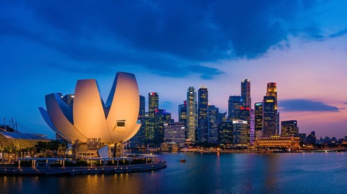 ArtScience Museum and skyline at dusk